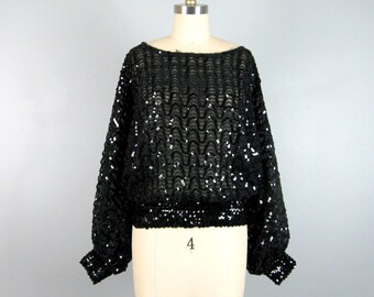 Vintage 1980s Sequin Blouse 80s Black Sheer Sparkling Batwing Blouse Size L