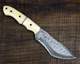 Damascus Tracker Knife with Camel Bone Scales