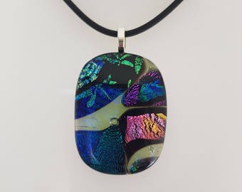 Blue and green dragonfly dichroic glass pendant