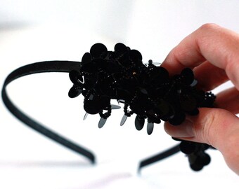 girls teens hair fascinator accessory Black Beaded Sequin Headband