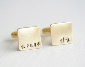 Personalized mini square gold cufflinks for men - hand stamped brass modern inspired heirloom monogram cuff links