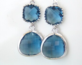 Glass Earrings, Blue Earrings, Navy Blue Earrings, Silver, Dark Blue, Sapphire Blue, Bridesmaid Earrings, Bridal Jewelry, Bridesmaid Gifts