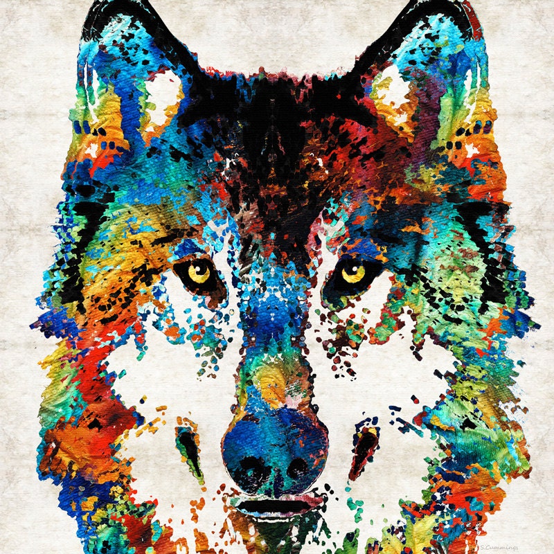 Colorful Wolf Animal Art PRINT from Painting Primary Colors