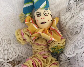 Vintage 1930s 1940s Clown Sock Yo Yo Quilt Sock Doll Fun Fabric Print Yarn Pom Poms Hand Home Made