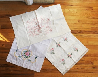 Vintage White Pillowcases, Embroidered, Cross Stitch Flowers, Heart, Lot of Four