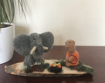 Buddha with his elephant, soft sculpture on wooden base, wool needle felted ornamental display.