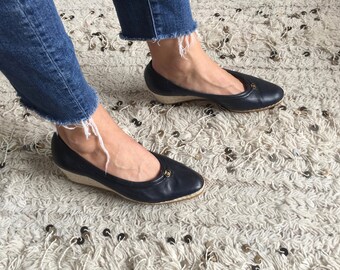 Vintage 70's GUCCI GG Monogram Logo Platform Espadrilles Navy Leather Wedge Flats Shoes Heels eu 39 us 8.5 - 9