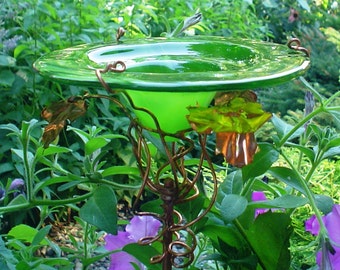 FATHER'S DAY Gift, stained glass Butterfly FEEDER, Chartreuse Green, copper, garden stake