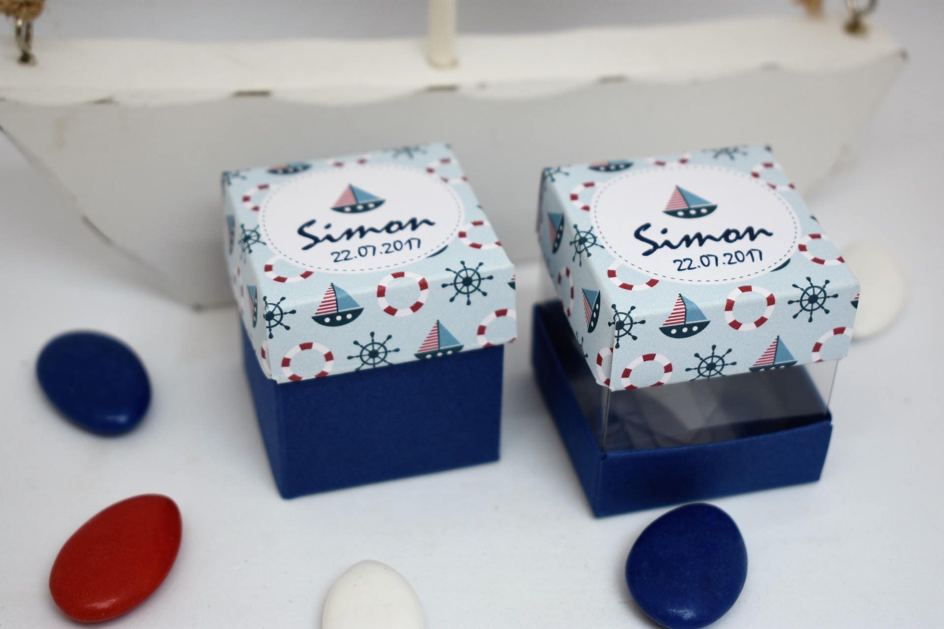 10 Boites dragées cadeau baptême cube marin garçon