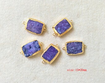 5 pcs Natural purple Agate Special Rectangle Back Front Facted Gold Plated Titanium AB Druzy Connector Drusy Gemstone Jewelry Making CT08