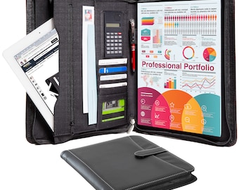 Leather Portfolio – Professional Business Zippered Portfolio - Pebble Leather Padfolio Organizer, A4 Notepad, iPad Holder & Outside Pocket