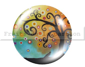 1 cabochon 30mm, nature, trees, multicolored, round glass