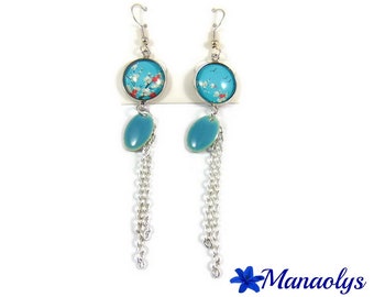 Long earrings sakura flowers, sequins, silver chains 3243