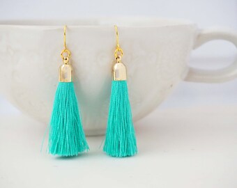 Aqua Mint and Gold Tassel Earrings
