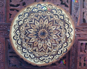 7.5" Wood Burned Mandala Slice - Handmade Wall Hanging, Sacred Geometry Art, Bohemian Wall Art