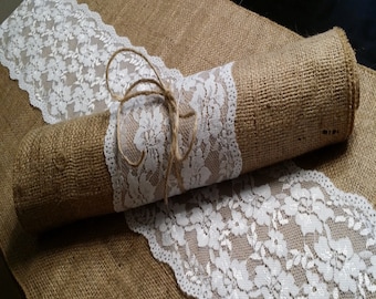 Burlap and Lace Table Runner, 14 inches wide Wedding, Party, Home Decor, Custom Wedding Decor Vintage Rustic Look