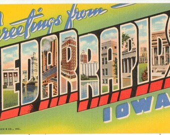 Linen Postcard, Greetings from Cedar Rapids, Iowa, Coliseum, Large Letter, ca 1945