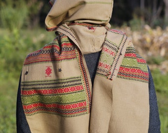 Handmade Hooded Scarf with Hood Light Wool Grey Brown, Earthy Tribal Pattern Festival Gypsy AJJAYA Mens Wear Nomadic Primitive Natural