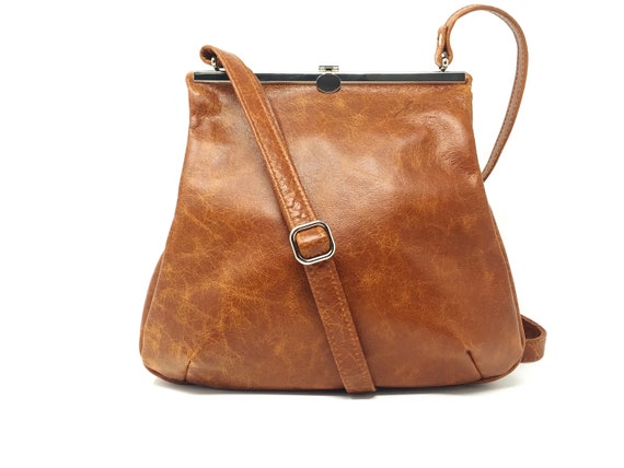 Leather bag , leather handbag , " Amber " handbag , cognac , orange , evening bag , strap closure , metal closure
