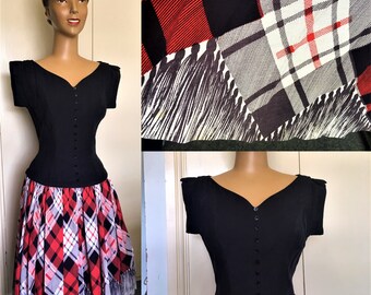 Original 1950's Black and Plaid Cotton Dress