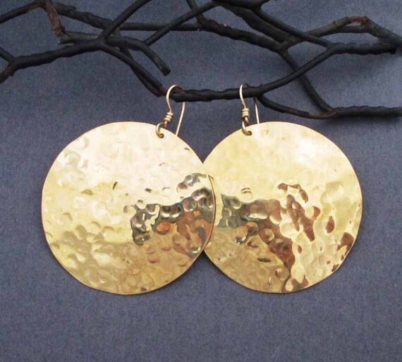 Large Gold Disc Earrings in Hammered Brass Dangles and 14k