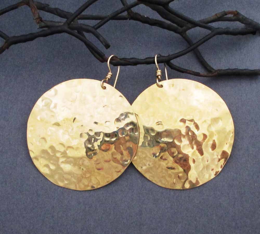 Large Gold Disc Earrings in Hammered Brass Dangles and 14k