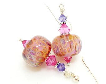 Pink Earrings, Boro Glass Earrings, Lampwork Earrings, Glass Bead Earrings, Glass Earrings, Glass Bead Jewelry, Boro Glass Jewelry