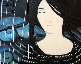Artwork original painting with acrylics - Geisha in the rain no. 2-