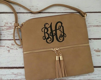 Personalized Monogrammed Vegan Leather Crossbody Purse with Tassel and FREE Monogram Multiple Colors Gray Black Brown Pink Monogram Purse