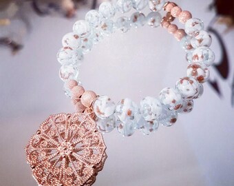 White Pearl bracelet with Murano glass beads with gold plated Silver Pendant