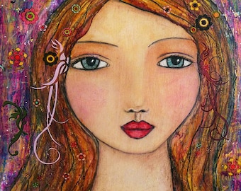 Portrait Painting Art Mystical Mixed Media Girl Art Print on Wood