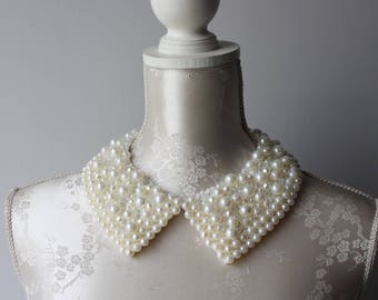 Beaded collar necklace cream ecru pearls transparent beads pointed shape detachable removeable accessories for women peter pan collar