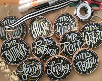 Customized Hand Lettered and Hand Painted Wood Slice Ornaments