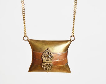 Vintage 1970s BRASS Bag Pendant Locket Long Necklace Vintage Jewelry