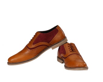 Mens Oxford Wingtip Tan/Burgundy Brogues | Jacksin Shoes