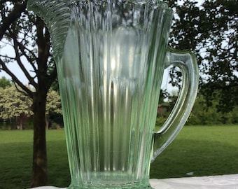 Art Deco Green Glass, Water Jug, Pitcher. Large, Heavy, Vintage Jug. Mint Green Tinted Glass. Pressed Glass. Lemonade Pitcher. 1930s