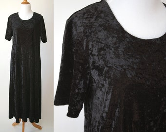 90s Black Crushed Velvet Short Sleeve Dress - Stretchy Full Length Velvet Dress - Size Large