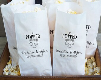 Engagement Party Favor Bags, Popcorn Buffet, He Popped The Question - Grease Resistant - Custom Names