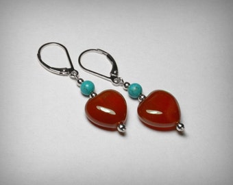 Turquoise Earrings, Carnelian Earrings, Boho Dangle Drop Earrings, Genuine Sterling Silver Turquoise, Lever Back Earrings, Genuine Turquoise