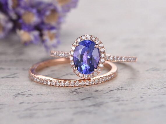 2pcs Oval cut blue Tanzanite bridal ring setdiamond engement