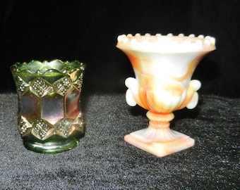 Vintage Pair of Toothpick Holders- Imperial Carnival Glass and Slag Glass