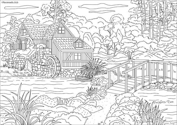 Download House with a Mill Printable Adult Coloring Page from