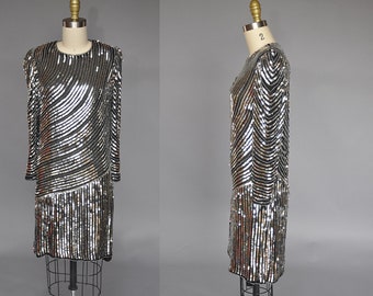 vintage sequin gown | 80s silver sequin dress | judith ann sequin dress | sequin mini dress XS