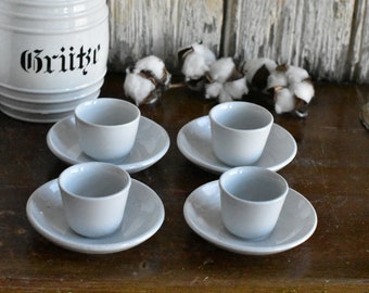 Set of 4 White Ironstone Small Handleless Mugs and Saucers ~ Child's Set ~ Tea Set ~ Ironstone Cup and Saucer Set ~ Salesman's Samples
