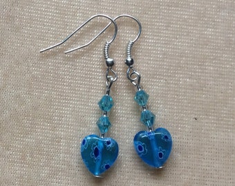 Handmade earrings, drop earrings, millefiori earrings, blue bead earrings,