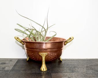 Vintage copper colander with brass handles and paw feet…small...copper strainer.