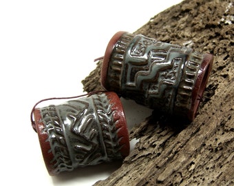 Handmade Ceramic Stoneware Slider Beads, Ends & Inside Finished with Red Terra Sigillata, Blue Grey Body Glaze, Great Necklace Components