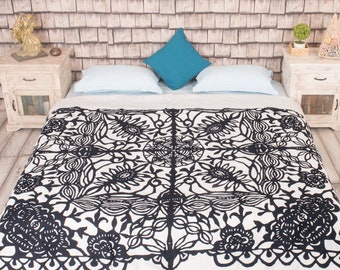 Indian Handmade Applique Kantha Quilt , Queen size Cotton Throw Bed Cover Blanket , Boho Bohemian Bedding Bedspread Decor