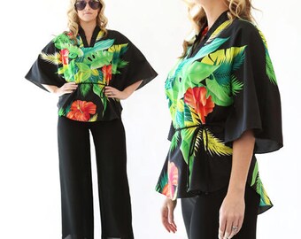 Vintage 80s Tropical Hawaiian floral Hibiscus batwing dress shirt TOP blouse S
