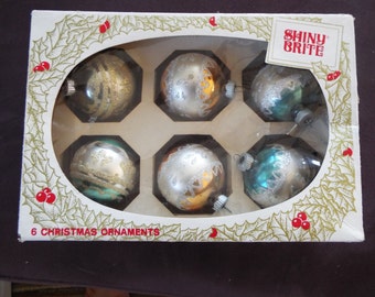 6 Shiny Brite glass glitter ornaments in box